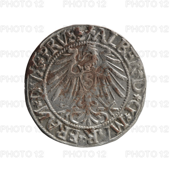 grosz; Schilling, Maciej, publisher; Decjusz, Jost Ludwik (fl. 1528–1535); R0 (rarity); Albrecht Hohenzollern (Prince of Prussia; 1490–1568) — iconography: eagles, Hohenzollern (coat of arms), male busts in armor. Obv.: Prussian eagle, on its chest a crowned letter S; on the rim between the pearl borders an inscription beginning with a trefoil (letter N in mirror image) ALBER*D*G*MAR*BRAN*DVX*PRVSS. Rev.: male bust in armour in profile turned right; short hair, long pointed beard with sideburns; in the rim, between the beaded rims, an inscription beginning with the Hohenzollern shield *IVSTVS*EX*FIDE*VIVIT*I544*. 1544; Ducal Prussia (1525–1701), Königsberg. Coin: diameter 23.2 mm, weight 2.05 g, axis 180°.