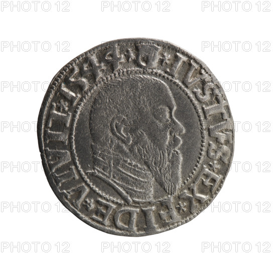 grosz; Schilling, Maciej, publisher; Decjusz, Jost Ludwik (fl. 1528–1535); R0 (rarity); Albrecht Hohenzollern (Prince of Prussia; 1490–1568) - iconography: eagles, Hohenzollern (coat of arms); male busts in armor. Obv.: Prussian eagle, on its chest a crowned letter S. On the rim between the pearl borders an inscription beginning with a trefoil (letter N in mirror image) ALBER*D*G*MAR*BRAN*DVX*PRVSS. Rev.: Male bust in armour in profile turned right; short hair, long pointed beard with sideburns, dividing the inner rim. In the rim, between the beaded rims, an inscription beginning with the Hohenzollern shield *IVSTVS*EX*FIDE*VIVIT*I544*. Date: 1544. Place: Ducal Prussia (1525–1701), Königsberg. Object: coin (grosz). Diameter: 23.2 mm. Weight: 2.05 g. Axis: 180 degrees.