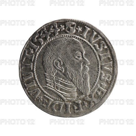 grosz; Schilling, Maciej, publisher; Decjusz, Jost Ludwik (fl. 1528–1535); R0 (rarity). Obverse: Prussian eagle with on its chest a crowned letter S; on the rim between pearl borders an inscription beginning with a trefoil (mirror-image N) ALBER*D*G*MAR*BRAN*DVX*PRVSS. Reverse: male bust in armour in profile turned right; short hair, long pointed beard with sideburns; in the rim, between beaded rims, an inscription beginning with the Hohenzollern shield *IVSTVS*EX*FIDE*VIVIT*I544* (1544). Iconography: Albrecht Hohenzollern (Prince of Prussia; 1490–1568) — Hohenzollern coat of arms, eagles, male busts in armor. Date: 1544. Place: Ducal Prussia (Königsberg). Object: coin (grosz). Diameter: 21.4 mm. Weight: 1.91 g. Axis: 60 degrees.