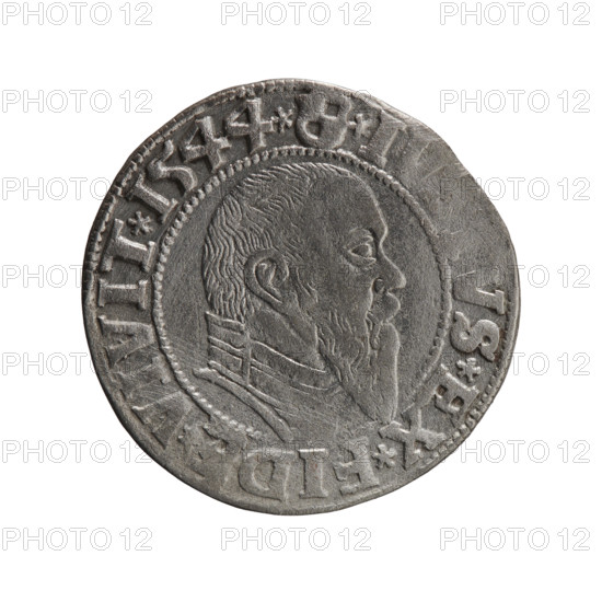grosz; Schilling, Maciej, publisher; Decjusz, Jost Ludwik (fl. 1528–1535); R0 (rarity). Albrecht Hohenzollern (Prince of Prussia; 1490–1568) — iconography: eagles, Hohenzollern coat of arms, male busts in armor. Obv.: Prussian eagle, on its chest a crowned letter S; in the rim between the pearl borders an inscription beginning with a trefoil (mirror-image N) ALBER*D*G*MAR*, *DVX*PRVSS. Rev.: male bust in armour in profile turned right; short hair, long pointed beard with sideburns; in the rim between the beaded rims an inscription beginning with the Hohenzollern shield *I, VS*EX*FID, *VIVIT*I544*. Date: 1544. Place: Ducal Prussia (1525–1701), Königsberg. Coin: diameter 23.4 mm, weight 1.93 g, axis 90°.