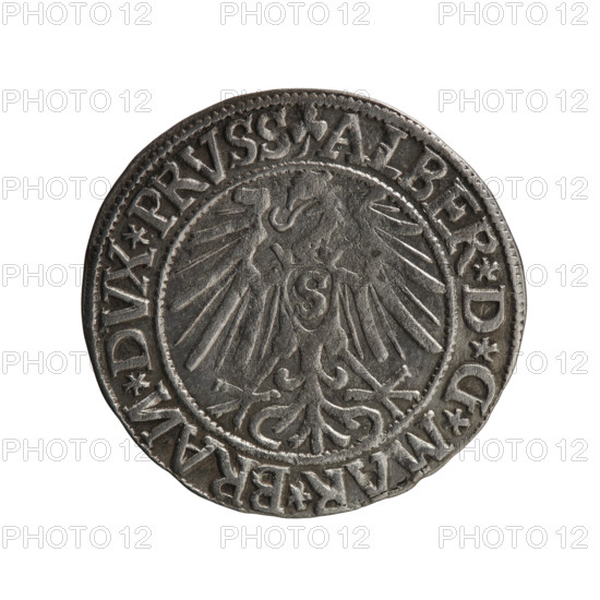 grosz; Schilling, Maciej, publisher; Decjusz, Jost Ludwik (fl. 1528–1535); R0 (rarity); eagles; Albrecht Hohenzollern (Prince of Prussia; 1490–1568) — iconography; male busts in armor; Hohenzollern (coat of arms). Obverse: Prussian eagle, on its chest a crowned letter S. On the rim between the pearl borders an inscription beginning with a trefoil (mirror-image N) ALBER*D*G*MAR*BRAN*DVX*PRVSS. Reverse: Male bust in armour in profile turned right; short hair, long pointed beard with sideburns, dividing the inner rim. In the rim, between the beaded borders, an inscription beginning with the Hohenzollern shield *IVSTVS*EX*FIDE*VIVIT*I544*. Date: 1544. Place: Ducal Prussia (1525–1701), Königsberg. Coin: diameter 23.7 mm, weight 1.90 g, axis 10°.