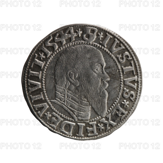 grosz; Schilling, Maciej, publisher; Decjusz, Jost Ludwik (fl. 1528–1535); R0 (rarity). Obverse: Prussian eagle, on its chest a crowned letter S; on the rim between the pearl borders an inscription beginning with a trefoil (letter N in mirror image) ALBER*D*G*MAR*BRAN*DVX*PRVSS. Reverse: male bust in armour in profile turned right; short hair, long pointed beard with sideburns; in the rim, between the beaded borders, an inscription beginning with the Hohenzollern shield *IVSTVS*EX*FIDE*VIVIT*I544*. 1544. Subject: Albrecht Hohenzollern (Prince of Prussia; 1490–1568) — iconography; Hohenzollern coat of arms; eagles; male busts in armor. Ducal Prussia (1525–1701), Königsberg. Coin: diameter 23.7 mm; weight 1.90 g; axis 10°.