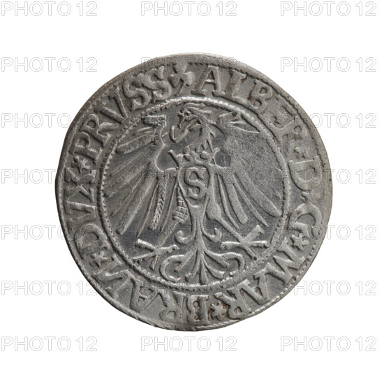 grosz; Schilling, Maciej, publisher; Decjusz, Jost Ludwik (fl. 1528–1535); R0 (rarity); Albrecht Hohenzollern (Prince of Prussia; 1490–1568) — iconography: eagles, Hohenzollern (coat of arms), male busts in armor. Obverse: Prussian eagle, on its chest a crowned letter S; on the rim between the pearl borders an inscription beginning with a trefoil (mirror-image N) 'ALB, D, G*MAR*BRAN*DVX*PRVSS'. Reverse: male bust in armour in profile turned right; short hair, long pointed beard with sideburns; dividing the inner rim; in the rim, between the beaded rims, an inscription beginning with the Hohenzollern shield 'VSTVS*EX*FIDE*VIVIT*1544'. Date: 1544. Place: Ducal Prussia (1525–1701), Königsberg. Object: coin; diameter 23.2 mm; weight 1.90 g; axis 315°.