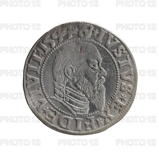 Schilling; Maciej Grosz, publisher; Jost Ludwik Decjusz (fl. 1528–1535). Silver coin (grosz), 1544, Ducal Prussia (1525–1701), Königsberg. Obverse: Prussian eagle; on its chest a crowned letter S; on the rim between pearl borders an inscription beginning with a trefoil (mirror-image N) 'ALB, D, G*MAR*BRAN*DVX*PRVSS'. Reverse: male bust in armour in profile turned right; short hair, long pointed beard with sideburns; on the rim, between beaded rims, an inscription beginning with the Hohenzollern shield 'VSTVS*EX*FIDE*VIVIT*I544*'. Diameter 23.2 mm; weight 1.90 g; axis 315°.
