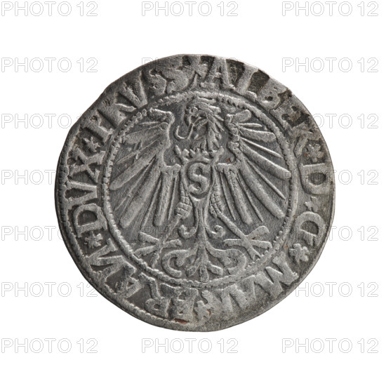 grosz; Schilling, Maciej, publisher; Decjusz, Jost Ludwik (fl. 1528–1535); R0 (rarity); eagles; male busts in armor; Hohenzollern (coat of arms); Albrecht Hohenzollern (Prince of Prussia; 1490–1568) — iconography. Obv.: Prussian eagle, on its chest a crowned letter S; on the rim between the pearl borders an inscription beginning with a trefoil (mirror-image N) ALBER*D*G*M, *BRAN*DVX*PRVSS. Rev.: Male bust in armour in profile turned right; short hair, long pointed beard with sideburns, dividing the inner rim; in the rim, between the beaded rims, an inscription beginning with the Hohenzollern shield *IVSTVS*EX*FIDE*VIVI, I544*, 1544. Ducal Prussia (1525–1701), Königsberg. Coin: diameter 23.2 mm, weight 1.88 g, axis 270°.