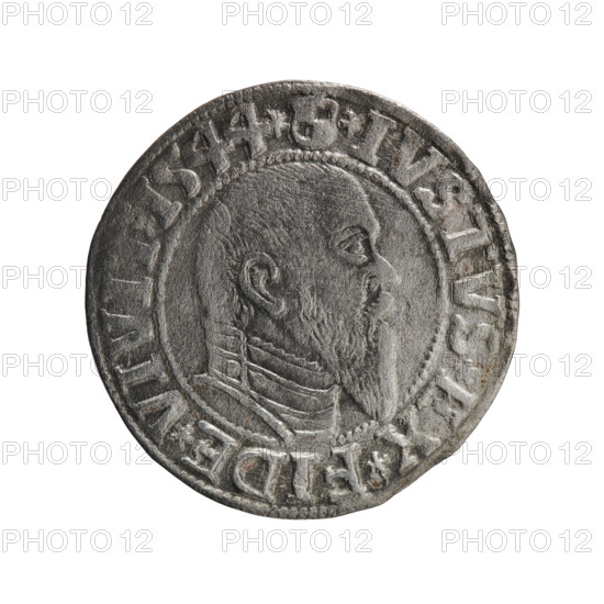grosz; Schilling, Maciej, publisher; Decjusz, Jost Ludwik (fl. 1528–1535); R0 (rarity); eagles; male busts in armor; Hohenzollern (coat of arms); Albrecht Hohenzollern (Prince of Prussia; 1490–1568) — iconography. Obv.: Prussian eagle, on its chest a crowned letter S. On the rim between the pearl borders an inscription beginning with a trefoil (mirror-image N) ALBER*D*G*M, *BRAN*DVX*PRVSS. Rev.: Male bust in armour in profile right; short hair, long pointed beard with sideburns, dividing the inner rim. In the rim, between the beaded rims, an inscription beginning with the Hohenzollern shield *IVSTVS*EX*FIDE*VIVI, I544*, 1544. Ducal Prussia (1525–1701), Königsberg. Coin: diameter 23.2 mm; weight 1.88 g; axis 270°.