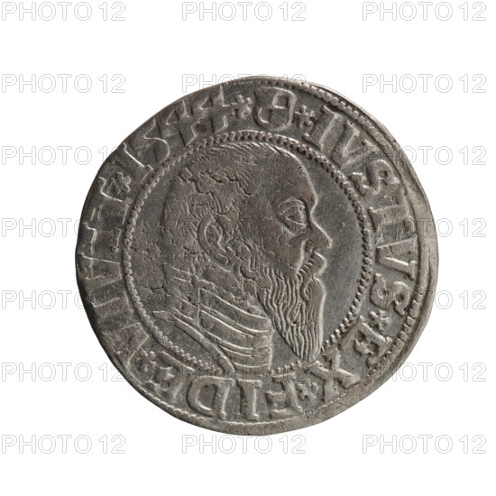 grosz; Schilling, Maciej, publisher; Decjusz, Jost Ludwik (fl. 1528–1535); R0 (rarity). Subject: Albrecht Hohenzollern (Prince of Prussia; 1490–1568). Iconography: eagles, male busts in armor, Hohenzollern coat of arms. Obverse: Prussian eagle, on its chest a crowned letter S; on the rim between pearl borders an inscription beginning with a trefoil (mirror-image N) ALBER*D*G*MAR*BRAN*DVX*PRVSS. Reverse: Male bust in armour in profile turned right; short hair, long pointed beard with sideburns; dividing the inner rim; in the rim, between beaded rims, an inscription beginning with the Hohenzollern shield *IVSTVS*EX*FIDE*VIVIT* I544* (1544). Date: 1544. Place/authority: Ducal Prussia (1525–1701), Königsberg. Object: coin (grosz); diameter 23.4 mm; weight 1.92 g; axis 80 degrees.
