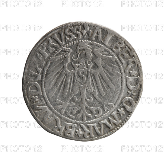 grosz; publisher: Schilling, Maciej; maker: Decjusz, Jost Ludwik (fl. 1528–1535); engraver: Szymonski, Jan (1887–1954). Obverse: Prussian Eagle, on its breast the crowned letter S; in rim between pearly borders an inscription beginning with a trefoil (mirror N) 'ALBER*D*G*MAR*BRAN*DVX*PRVSS'. Reverse: Male bust in armour in profile turned right; short hair, long pointed beard with sideburns, dividing the inner border; in rim between pearly borders an inscription beginning with the Hohenzollern shield '*IVSTVS*EX*FIDE*VIVIT*I544*'. Date: 1544. Region: Ducal Prussia (1525–1701), Königsberg. Type: coin (grosz). Diameter: 23.4 mm. Weight: 2.00 g. Axis: 290°. Subjects/iconography: Albrecht Hohenzollern (Prince of Prussia; 1490–1568); Hohenzollern coat of arms; male busts in armour; Aw. Prussian Eagle.