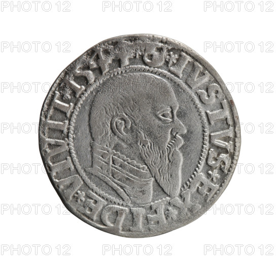 grosz; Schilling, Maciej, publisher; Decjusz, Jost Ludwik (fl. 1528-1535); Szymonski, Jan (1887-1954) — eagles; Albrecht Hohenzollern (Prince of Prussia; 1490-1568) — iconography; Hohenzollern (coat of arms); male busts in armour; Aw. Prussian Eagle, on its breast the crowned letter S. In the rim, between the pearly borders, an inscription beginning with a trefoil (letter N in mirror image) ALBER*D*G*MAR*BRAN*DVX*PRVSS. Rw. Male bust in armor in profile turned right; short hair, long pointed beard with sideburns, dividing the inner border. In the rim, between the pearly borders, an inscription beginning with the Hohenzollern shield *IVSTVS*EX*FIDE*VIVIT*I544*. 1544. Ducal Prussia (1525–1701), Königsberg. Coin: diameter 23.4 mm, weight 2.00 g, axis 290°.