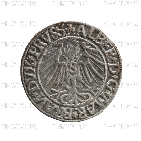 grosz, Schilling, Maciej, publisher, Decjusz, Jost Ludwik (fl. 1528-1535), R0 (rarity), Albrecht Hohenzollern (Prince of Prussia; 1490-1568) - iconography, eagles, Hohenzollern (coat of arms), male busts in armor, Obv. Prussian eagle, on its chest a crowned letter S. On the rim between the pearl borders an inscription beginning with a trefoil (letter N in mirror image) ALBER*D*G*MAR*BRAN*DVX*PRVSS. Rw. Male bust in armour in profile turned right; short hair, long, pointed beard with sideburns, dividing the inner rim. In the rim, between the beaded rims, an inscription beginning with the Hohenzollern shield *IVSTVS*EX*FIDE*VIVIT*I544*, 1544, Ducal Prussia (1525-1701), Königsberg, coin, diameter 23.2 mm, weight 1.89 g, axis 220 degrees