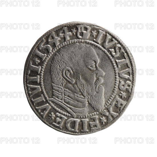 grosz; Schilling, Maciej, publisher; Decjusz, Jost Ludwik (fl. 1528–1535); R0 (rarity). Albrecht Hohenzollern (Prince of Prussia; 1490–1568) — iconography: eagles, Hohenzollern coat of arms; male busts in armor. Obverse: Prussian eagle, on its chest a crowned letter S; on the rim between the pearl borders an inscription beginning with a trefoil (mirror-image N) ALBER*D*G*MAR*BRAN*DVX*PRVSS. Reverse: male bust in armour in profile turned right; short hair, long pointed beard with sideburns; dividing the inner rim. In the rim, between the beaded rims, an inscription beginning with the Hohenzollern shield *IVSTVS*EX*FIDE*VIVIT*I544*. Date: 1544. Issued in Ducal Prussia (1525–1701), Königsberg. Coin: diameter 23.2 mm, weight 1.89 g, axis 220°.
