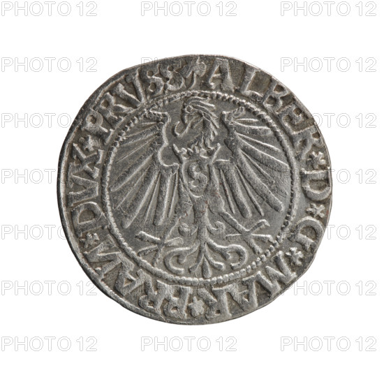 grosz, Decius, Jost Ludwik (fl. 1528–1535); Schilling, Maciej, publisher. 1544. Ducal Prussia (Königsberg). Coin (groš): diameter 23.2 mm, weight 1.97 g, axis 90°. Obverse: Prussian eagle; on its chest a crowned letter S; on rim between pearl borders an inscription beginning with a trefoil (mirror-image N) ALBER*D*G*MAR*BRAN*DVX*PRVSS. Reverse: Male bust in armour in profile right; short hair, long pointed beard with sideburns; inner rim divided by Hohenzollern shield; rim inscription beginning with *IVSTVS*EX*FIDE*VIVIT*I544*. Iconography: Albrecht Hohenzollern (Prince of Prussia; 1490–1568); Hohenzollern coat of arms; eagles; male busts in armor. R0 (rarity).