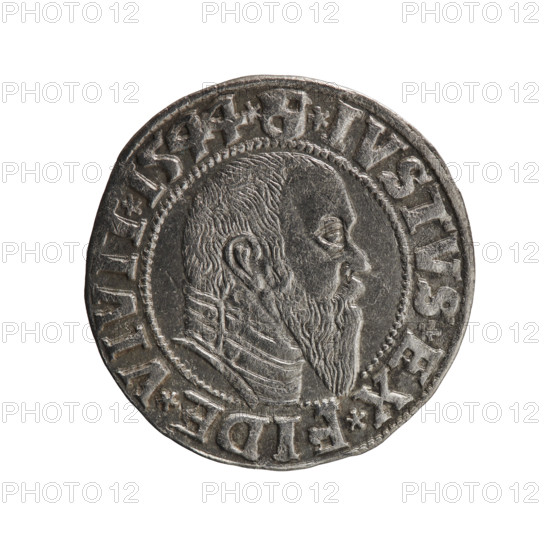 Decius Grosz, Jost Ludwik (fl. 1528–1535); publisher: Maciej Schilling. Silver coin (1544, Königsberg, Ducal Prussia). Obverse: Prussian eagle with on its chest a crowned letter S; on the rim between pearl borders an inscription beginning with a trefoil (mirror-image N) 'ALBER*D*G*MAR*BRAN*DVX*PRVSS'. Reverse: male bust in armour in profile facing right, short hair, long pointed beard with sideburns; on the rim between beaded borders an inscription beginning with the Hohenzollern shield '*IVSTVS*EX*FIDE*VIVIT*I544*'. Iconography: Albrecht Hohenzollern (Prince of Prussia; 1490–1568) — Hohenzollern coat of arms. Rarity: R0. Coin diameter 23.2 mm; weight 1.97 g; axis 90°.