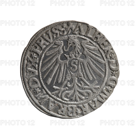 grosz; Schilling, Maciej, publisher; Decjusz, Jost Ludwik (fl. 1528–1535); R0 (rarity); eagles; Albrecht Hohenzollern (Prince of Prussia; 1490–1568) — iconography; Hohenzollern (coat of arms); male busts in armor. Obv.: Prussian eagle, on its chest a crowned letter S; on the rim between the pearl borders an inscription beginning with a trefoil (letter N in mirror image) ALBER*,*,*MAR*BRAN*DVX*PRVSS. Rev.: Male bust in armour in profile turned right; short hair, long pointed beard with sideburns, dividing the inner rim; in the rim, between the beaded borders, an inscription beginning with the Hohenzollern shield *IVSTVS*EX*FIDE*VIV; 1544. Ducal Prussia (1525–1701), Königsberg; coin: diameter 23.4 mm, weight 1.96 g, axis 315°.