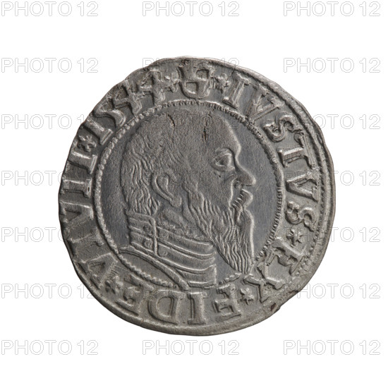 grosz; Schilling, Maciej, publisher; Decjusz, Jost Ludwik (fl. 1528–1535); R0 (rarity). Obverse: Prussian eagle; on its chest a crowned letter S. On the rim between the pearl borders an inscription beginning with a trefoil (mirror-image letter N) ALBER*, *, *MAR*BRAN*DVX*PRVSS. Reverse: male bust in armour in profile turned right; short hair, long pointed beard with sideburns. In the rim, between the beaded borders, an inscription beginning with the Hohenzollern shield *IVSTVS*EX*FIDE*VIV. Date: 1544. Subject/attribution: Albrecht Hohenzollern (Prince of Prussia; 1490–1568) — iconography. Issued: Ducal Prussia (1525–1701), Königsberg. Coin: diameter 23.4 mm; weight 1.96 g; axis 315°.