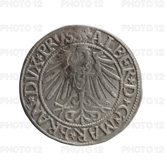 grosz; Schilling, Maciej, publisher; Decjusz, Jost Ludwik (fl. 1528–1535); R0 (rarity). Albrecht Hohenzollern (Prince of Prussia; 1490–1568) — iconography: Hohenzollern coat of arms, male busts in armour, eagles. Obverse: Prussian eagle, on its chest a crowned letter S; on the rim between pearl borders an inscription beginning with a trefoil ALBER*D*G*MAR*BRAN*DVX*PRVS. Reverse: male bust in armour in profile to the right; short hair, long pointed beard with sideburns, dividing the inner rim; on the rim between pearly borders an inscription beginning with the Hohenzollern shield *IVSTVS*EX*FIDE*VIVIT*I545*. Date: 1545. Place/function: Ducal Prussia (1525–1701), Königsberg. Coin specifications: diameter 23.7 mm, weight 1.96 g, axis 225°.
