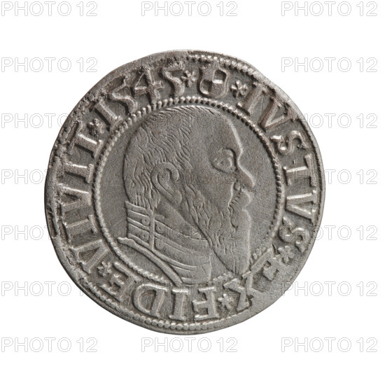 grosz; Schilling, Maciej, publisher; Decjusz, Jost Ludwik (fl. 1528–1535); R0 (rarity). Albrecht Hohenzollern (Prince of Prussia; 1490–1568) — iconography: Hohenzollern coat of arms; male busts in armour; eagles. Obverse: Prussian eagle, on its chest a crowned letter S; on the rim between pearl borders an inscription beginning with a trefoil ALBER*D*G*MAR*BRAN*DVX*PRVS. Reverse: male bust in armour in profile turned to the right; short hair, long pointed beard with sideburns; in the rim between pearl borders an inscription beginning with the Hohenzollern shield *IVSTVS*EX*FIDE*VIVIT*I545*. Date: 1545. Issue: Ducal Prussia (1525–1701), Königsberg. Coin: diameter 23.7 mm; weight 1.96 g; axis 225°.