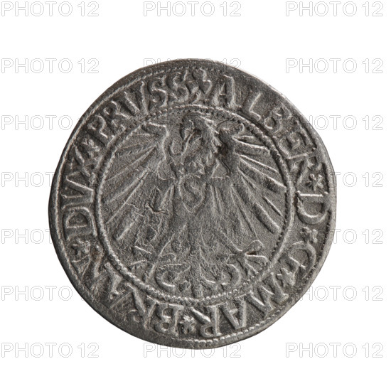 grosz; Schilling, Maciej, publisher; Decjusz, Jost Ludwik (fl. 1528–1535); R0 (rarity). Albrecht Hohenzollern (Prince of Prussia; 1490–1568) — iconography: eagles, Hohenzollern coat of arms, male busts in armour. Obv.: Prussian eagle, on his chest a crowned letter S. On the rim between the pearl borders an inscription beginning with a trefoil ALBER*D*G*MAR*BRAN*DVX*PRVSS. Rev.: Male bust in armour in profile turned to the right; short hair, long pointed beard with sideburns, dividing the inner rim. In the rim, between the pearly borders, an inscription beginning with the Hohenzollern shield *IVSTVS*EX*FIDE*VIVIT*I545*. 1545. Ducal Prussia (1525–1701), Königsberg. Coin: diameter 23.8 mm, weight 1.76 g, axis 170°.