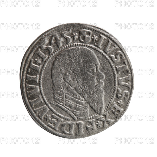 grosz; Schilling, Maciej, publisher; Decjusz, Jost Ludwik (fl. 1528–1535); R0 (rarity). Albrecht Hohenzollern (Prince of Prussia; 1490–1568) — iconography: eagles, Hohenzollern coat of arms, male busts in armour. Obverse: Prussian eagle, on its chest a crowned letter S; on the rim between pearl borders an inscription beginning with a trefoil ALBER*D*G*MAR*BRAN*DVX*PRVSS. Reverse: male bust in armour in profile turned to the right; short hair, long pointed beard with sideburns; inner rim divided by the Hohenzollern shield and an inscription beginning with *IVSTVS*EX*FIDE*VIVIT*I545*. Date: 1545. Place: Ducal Prussia (1525–1701), Königsberg. Coin: grosz; diameter 23.8 mm; weight 1.76 g; axis 170°.