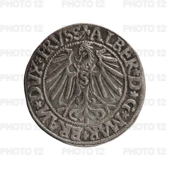 grosz; Schilling; Maciej, publisher; Decjusz, Jost Ludwik (fl. 1528-1535); R0 (rarity); Albrecht Hohenzollern (Prince of Prussia; 1490-1568) - iconography: eagles, Hohenzollern (coat of arms); male busts in armor. Obv.: Prussian eagle, on its chest a crowned letter S. On the rim between the pearl borders an inscription beginning with a trefoil (letter N in mirror image) ALBER*D*G*MAR*BRAN*DVX*PRVSS. Rev.: Male bust in armour in profile turned right; short hair, long pointed beard with sideburns, dividing the inner rim. In the rim, between the beaded rims, an inscription beginning with the Hohenzollern shield *IVSTVS*EX*FIDE*VIVIT*I545*. Date: 1545. Place: Ducal Prussia (1525–1701), Königsberg. Object: coin (grosz). Diameter: 23.4 mm. Weight: 1.97 g. Axis: 40 degrees.