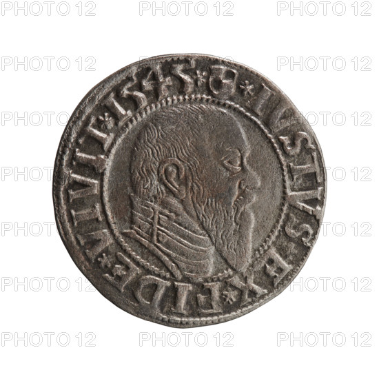 grosz, Schilling, Maciej, publisher, Decjusz, Jost Ludwik (fl. 1528-1535), R0 (rarity), Albrecht Hohenzollern (Prince of Prussia; 1490-1568) - iconography, eagles, Hohenzollern (coat of arms), male busts in armor, Obv. Prussian eagle, on its chest a crowned letter S. On the rim between the pearl borders an inscription beginning with a trefoil (letter N in mirror image) ALBER*D*G*MAR*BRAN*DVX*PRVSS. Rw. Male bust in armour in profile turned right; short hair, long, pointed beard with sideburns, dividing the inner rim. In the rim, between the beaded rims, an inscription beginning with the Hohenzollern shield *IVSTVS*EX*FIDE*VIVIT*I545*. 1545, Ducal Prussia (1525-1701), Königsberg, coin: diameter 23.4 mm, weight 1.97 g, axis 40 degrees