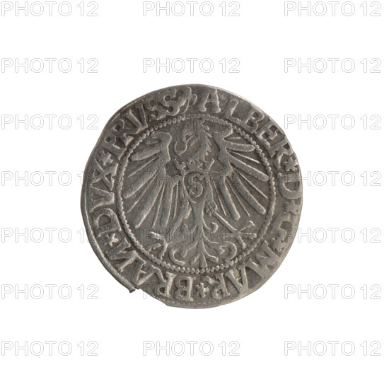 grosz; Schilling; Maciej, publisher; Decjusz, Jost Ludwik (fl. 1528–1535); R0 (rarity). Obverse: Albrecht Hohenzollern (Prince of Prussia; 1490–1568) — male bust in armor in profile turned right; short hair, long pointed beard with sideburns; Aw. Prussian Eagle on its breast the crowned letter S; trefoils; Hohenzollern coat of arms; in the rim, between pearly borders, an inscription beginning with a trefoil (letter N in mirror image) 'ALBER*D*G*MAR*BRAN*DVX*PRVSS'. Reverse: male bust in armor in profile turned right; inscription in rim between pearly borders beginning with the Hohenzollern shield '*IVSTVS*EX*FIDE*VIVIT*I545*'. Hoard from the village of Wsola (numismatic find). 1545; Ducal Prussia (1525–1701), Königsberg. Coin: diameter 23.0 mm, weight 1.91 g, axis 200°.