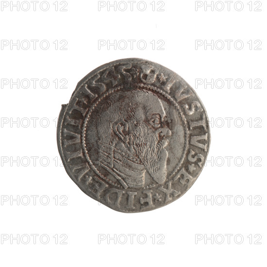 grosz; Schilling, Maciej, publisher; Decjusz, Jost Ludwik (fl. 1528–1535); R0 (rarity). Subject: Albrecht Hohenzollern (Prince of Prussia; 1490–1568) — male busts in armor; Aw. Prussian Eagle with on its breast the crowned letter S; trefoils; Hohenzollern coat of arms; hoard from the village of Wsola (numism). Obverse: Prussian Eagle; in rim between pearly borders an inscription beginning with a trefoil (letter N in mirror image) 'ALBER*D*G*MAR*BRAN*DVX*PRVSS'. Reverse: male bust in armor in profile to the right; short hair, long pointed beard with sideburns, dividing the inner border; in rim between pearly borders an inscription beginning with the Hohenzollern shield '*IVSTVS*EX*FIDE*VIVIT*I545*'. Date: 1545. Place/issue: Ducal Prussia (1525–1701), Königsberg. Coin: grosz; diameter 23.0 mm; weight 1.91 g; axis 200°.