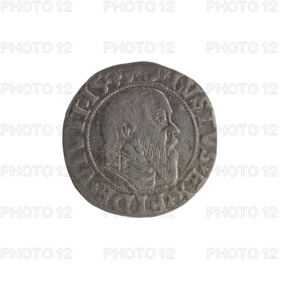 grosz; publisher: Schilling, Maciej; Decjusz, Jost Ludwik (fl. 1528–1535); R0 (rarity). Obverse: Prussian eagle, on its chest a crowned letter S; on the rim between pearl borders an inscription beginning with a trefoil ALBER*D*G*MAR*BRA. Reverse: male bust in armour in profile turned right; short hair, long pointed beard with sideburns, dividing the inner rim; in the rim, between beaded borders, an inscription beginning with the Hohenzollern shield *IVSTVS*EX*FIDE*VIVIT*I54. Iconography: eagles; Hohenzollern (coat of arms); trefoils; male busts in armor; Albrecht Hohenzollern (Prince of Prussia; 1490–1568). Hoard find from the village of Wsola (numismatic). Date: 1545. Place: Ducal Prussia (1525–1701), Königsberg. Object type: coin (grosz). Diameter: 22.5 mm. Weight: 1.75 g. Axis: 225°.