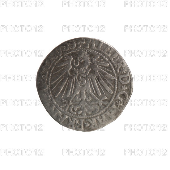 grosz; Schilling, Maciej, publisher; Decjusz, Jost Ludwik (fl. 1528-1535); R0 (rarity). Obverse: Prussian eagle, on its chest a crowned letter S; on the rim between the pearl borders an inscription beginning with a trefoil ALBER*D*G*MAR*BRA. Reverse: male bust in armour in profile turned right; short hair, long pointed beard with sideburns; in the rim between the beaded borders an inscription beginning with the Hohenzollern shield *IVSTVS*EX*FIDE*VIVIT*I54. Hohenzollern (coat of arms); eagles; trefoils; male busts in armor; hoard from the village of Wsola (numismatic find). 1545. Ducal Prussia (1525–1701), Königsberg. Coin: diameter 22.5 mm, weight 1.75 g, axis 225°.