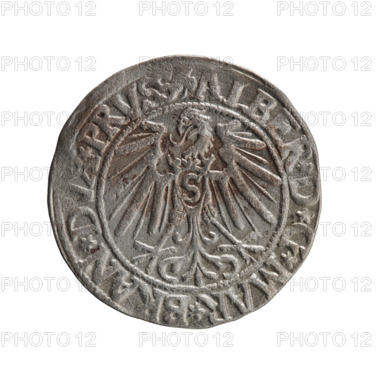 grosz; Schilling, Maciej, publisher; Decjusz, Jost Ludwik (fl. 1528–1535); R0 (rarity); eagles; Hohenzollern (coat of arms); male busts in armor; Albrecht Hohenzollern (Prince of Prussia; 1490–1568) — iconography. Obv.: Prussian eagle, on its chest a crowned letter S. On the rim between the pearl borders an inscription beginning with a trefoil ALBER*D*G*MAR*BRAN*DVX*PRVSS. Rev.: Male bust in armor in profile turned to the right; short hair, long pointed beard with sideburns, dividing the inner rim. In the rim, between the pearly borders, an inscription beginning with the Hohenzollern shield *IVSTVS*EX*FIDE*VIVIT*I545*. 1545. Ducal Prussia (1525–1701), Königsberg. Coin: diameter 23.4 mm, weight 2.06 g, axis 315°.