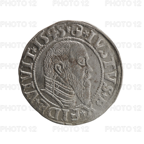 grosz, Schilling, Maciej, publisher, Decjusz, Jost Ludwik (fl. 1528-1535), R0 (rarity), eagles, Hohenzollern (coat of arms), male busts in armor, Albrecht Hohenzollern (Prince of Prussia; 1490-1568) - iconography. Obv. Prussian eagle, on his chest a crowned letter S. On the rim between the pearl borders an inscription beginning with a trefoil ALBER*D*G*MAR*BRAN*DVX*PRVSS. Rev. Male bust in armor in profile turned to the right; short hair, long, pointed beard with sideburns, dividing the inner rim. In the rim, between the pearly borders, an inscription beginning with the Hohenzollern shield *IVSTVS*EX*FIDE*VIVIT*I545*. 1545, Ducal Prussia (1525-1701), Königsberg; coin, diameter 23.4 mm, weight 2.06 g, axis 315 degrees.