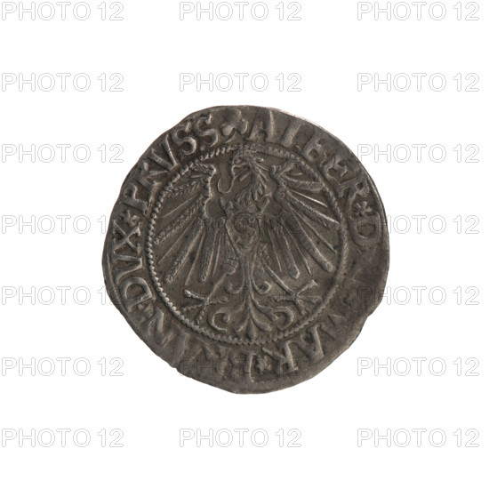 Groschen with countersignature of the City of Gdansk, 1577. Publisher: Schilling, Maciej; publisher: Decjusz, Jost Ludwik (fl. 1528–1535). Minted in Gdansk, 1577 during the siege. Rarity: R5. Obverse: Prussian eagle, on its breast the crowned letter S; in the rim between pearly borders an inscription beginning with a trefoil ALBER*D*, *MAR*BRAN*DVX*PRVSS. Reverse: Male bust in armour, profile turned to the right; short hair, long pointed beard with sideburns, dividing the inner border; in the rim between pearly borders an inscription beginning with the Hohenzollern shield *IVSTVS*EX*FIDE*VIVIT*I545*. Iconography: Albrecht Hohenzollern (Prince of Prussia; 1490–1568) – coat of arms, male busts in armour. Countersignature: vertical hook crossed twice with projections in two directions. Date: 1545. Place: Ducal Prussia (1525–1701), Königsberg. Coin: diameter 23.4 mm, weight 2.11 g, axis 45°.