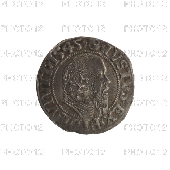 Groschen with countersignature of the City of Gdansk, 1577. Schilling, Maciej, publisher; Decjusz, Jost Ludwik (fl. 1528–1535), publisher. Minted in Gdansk in 1577 during the siege. Obverse: Prussian eagle with on its breast the crowned letter S; in the rim, between pearly borders, an inscription beginning with a trefoil ALBER*D*, *MAR*BRAN*DVX*PRVSS. Reverse: male bust in armour, profile turned to the right; short hair, long pointed beard with sideburns, dividing the inner border; in the rim, between pearly borders, an inscription beginning with the Hohenzollern shield *IVSTVS*EX*FIDE*VIVIT*I545*. Countersignature: vertical hook crossed twice with projections in two directions. Iconography: Albrecht Hohenzollern (Prince of Prussia; 1490–1568), Hohenzollern coat of arms, eagles, male busts in armour. Date: 1545 (legend). Place: Ducal Prussia (Königsberg). Coin: diameter 23.4 mm; weight 2.11 g; axis 45°. R5 (rarity).