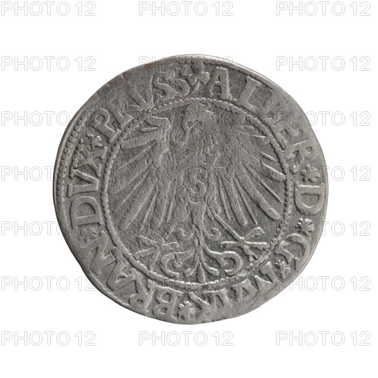 grosz; Schilling, Maciej, publisher; Decjusz, Jost Ludwik (fl. 1528–1535); R0 (rarity). Albrecht Hohenzollern (Prince of Prussia; 1490–1568) — iconography: eagles, male busts in armor, Hohenzollern coat of arms. Obverse: Prussian eagle, on its chest a crowned letter S; on the rim between pearl borders an inscription beginning with a trefoil ALBER*D*G*, R*BRAN*DVX*P. Reverse: male bust in armour in profile turned right; short hair, long pointed beard with sideburns, dividing the inner rim; in the rim, between the pearly borders, an inscription beginning with the Hohenzollern shield *IVS, S*EX*FIDE*VIVIT*I545*. Date: 1545, Königsberg, Ducal Prussia (1525–1701). Coin: grosz; diameter 23.4 mm; weight 1.90 g; axis 315°.