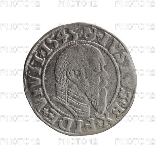 grosz; Schilling, Maciej, publisher; Decjusz, Jost Ludwik (fl. 1528–1535); R0 (rarity). Albrecht Hohenzollern (Prince of Prussia; 1490–1568) — iconography: eagles, male busts in armor, Hohenzollern coat of arms. Obverse: Prussian eagle with on its chest a crowned letter S; on the rim between pearl borders an inscription beginning with a trefoil ALBER*D*G*, R*BRAN*DVX*P. Reverse: male bust in armour in profile turned right; short hair, long pointed beard with sideburns, dividing the inner rim; in the rim, between the pearly borders, an inscription beginning with the Hohenzollern shield *IVS, S*EX*FIDE*VIVIT*I545*. Date: 1545, Königsberg, Ducal Prussia (1525–1701). Object: coin (grosz); diameter 23.4 mm; weight 1.90 g; axis 315°.