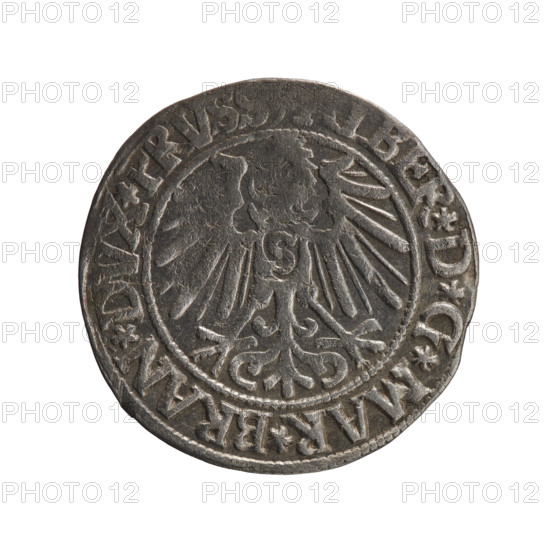 Publisher: Maciej Schilling; engraver: grosz; maker: Jost Ludwik Decjusz (fl. 1528–1535). Rarity: R0. Subject: Albrecht Hohenzollern (Prince of Prussia; 1490–1568). Iconography: eagles, male busts in armour, Hohenzollern coat of arms. Obverse: Prussian eagle; on its chest a crowned letter S; rim between pearl borders with inscription 'BER*D*G*MAR*BRAN*DVX*PRV'. Reverse: Male bust in armour in profile to the right; short hair, long pointed beard with sideburns; inner rim divided; rim between pearly borders with inscription beginning with the Hohenzollern shield '*IVSTVS, X*FIDE*VIVIT*I545*'. Date: 1545, Königsberg, Ducal Prussia (1525–1701). Object type: coin. Diameter: 23.5 mm. Weight: 1.89 g. Axis: 225°.