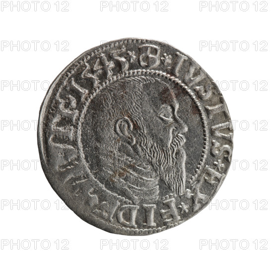 grosz; Schilling, Maciej, publisher; Decjusz, Jost Ludwik (fl. 1528–1535); R0 (rarity). Albrecht Hohenzollern (Prince of Prussia; 1490–1568) — iconography: eagles, Hohenzollern (coat of arms), male busts in armor. Obv.: Prussian eagle with a crowned letter S on its chest; on the rim between the pearl borders an inscription beginning with a trefoil (mirror-image N) 'ALBER*D*G*MAR*, *DVX*PRVSS'. Rev.: male bust in armour in profile turned right; short hair, long pointed beard with sideburns, dividing the inner rim; in the rim, between beaded rims, an inscription beginning with the Hohenzollern shield 'IVSTVS*EX*FID'; date 1545. Ducal Prussia (1525–1701), Königsberg. Coin: diameter 23.2 mm, weight 1.95 g, axis 315°.