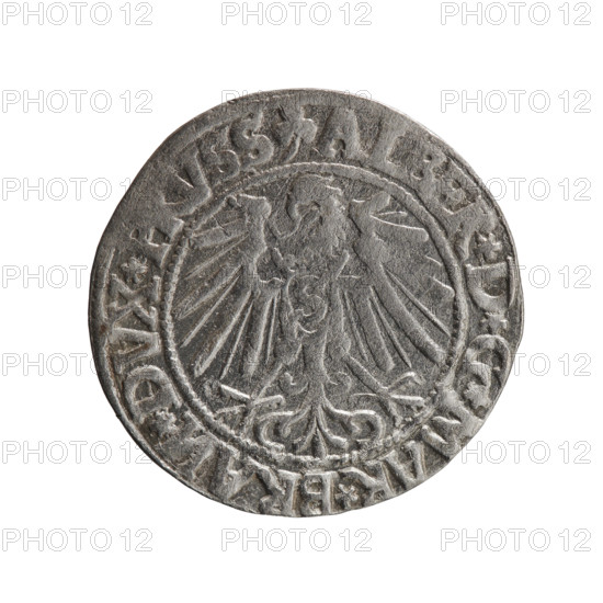 grosz; Schilling, Maciej, publisher; Decjusz, Jost Ludwik (fl. 1528–1535); R0 (rarity); Albrecht Hohenzollern (Prince of Prussia; 1490–1568) — iconography: Hohenzollern coat of arms; male busts in armor; eagles. Obverse: Prussian eagle, on its chest a crowned letter S; on the rim between pearl borders an inscription beginning with a trefoil (mirror-image letter N) ALBER*D*G*MAR*BRAN*DVX*PRVSS. Reverse: male bust in armour in profile turned right; short hair, long pointed beard with sideburns; inner rim divided; in the rim between pearly borders an inscription beginning with the Hohenzollern shield *IVSTVS*EX, FIDE*VIVIT*I545*. 1545, Königsberg, Ducal Prussia (1525–1701). Coin: diameter 23.2 mm; weight 2.09 g; axis 300°.