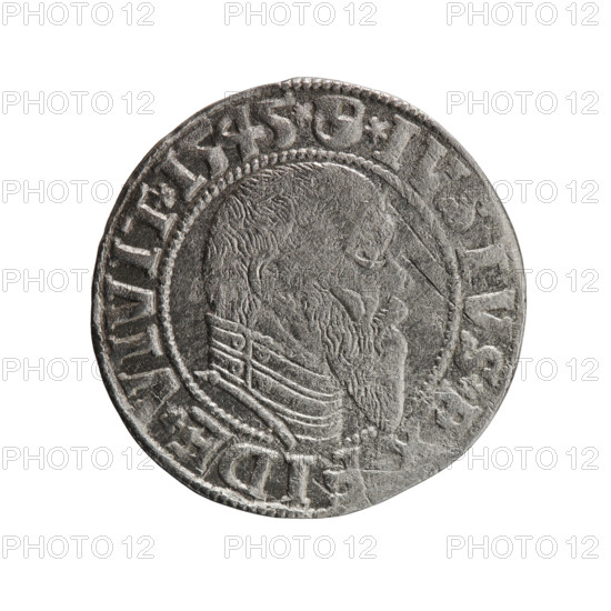 Obverse: Prussian eagle; on its chest a crowned letter S. On the rim between the pearl borders an inscription beginning with a trefoil (mirror-image N) ALBER*D*G*MAR*BRAN*DVX*PRVSS. Reverse: male bust in armour in profile turned right; short hair, long pointed beard with sideburns; in the rim, between the pearly borders, an inscription beginning with the Hohenzollern shield *IVSTVS*EX, FIDE*VIVIT*I545*. Maker/publisher: grosz, Schilling, Maciej; Decjusz, Jost Ludwik (fl. 1528–1535). Subject/person: Albrecht Hohenzollern (Prince of Prussia; 1490–1568). Date: 1545. Place: Königsberg, Ducal Prussia (1525–1701). Type: coin. Measurements: diameter 23.2 mm, weight 2.09 g, axis 300°. Rarity: R0 (rarity).