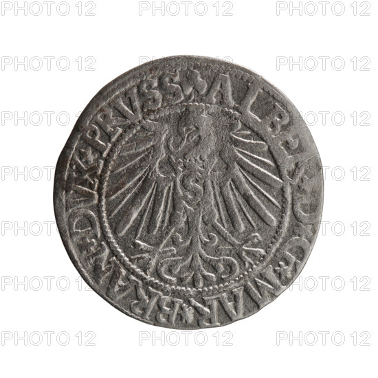 grosz; Schilling, Maciej, publisher; Decjusz, Jost Ludwik (fl. 1528–1535); R0 (rarity). Subject: Albrecht Hohenzollern (Prince of Prussia; 1490–1568) — iconography includes eagles, Hohenzollern coat of arms, male busts in armor. Obverse: Prussian eagle with on its chest a crowned letter S; on the rim between pearl borders an inscription beginning with a trefoil (mirror-image N) ALBE, D*G*MAR*BRAN*DVX*PRVSS. Reverse: Male bust in armour in profile turned right; short hair, long pointed beard with sideburns, dividing the inner rim; in the rim, between beaded rims, an inscription beginning with the Hohenzollern shield *IVSTVS*EX*FIDE*VIVIT*I545*. Date/place: 1545, Königsberg, Ducal Prussia (1525–1701). Object type/materials: coin (grosz); diameter 23.2 mm; weight 1.92 g; axis 200°.