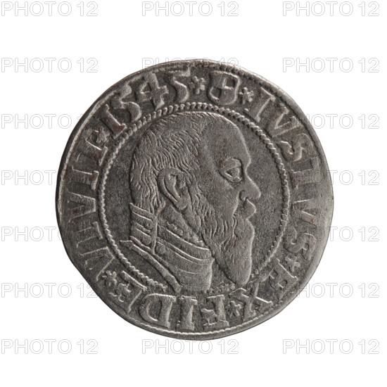grosz; Schilling, Maciej, publisher; Decjusz, Jost Ludwik (fl. 1528-1535); R0 (rarity); Albrecht Hohenzollern (Prince of Prussia; 1490–1568) — iconography: eagles, Hohenzollern (coat of arms), male busts in armor. Obv.: Prussian eagle, on its chest a crowned letter S; on the rim between the pearl borders an inscription beginning with a trefoil (letter N in mirror image) ALBE, D*G*MAR*BRAN*DVX*PRVSS. Rev.: male bust in armour in profile turned right; short hair, long pointed beard with sideburns, dividing the inner rim; in the rim, between the beaded rims, an inscription beginning with the Hohenzollern shield *IVSTVS*EX*FIDE*VIVIT*I545*. Date: 1545, Königsberg, Ducal Prussia (1525–1701). Object: coin (grosz); diameter 23.2 mm; weight 1.92 g; axis 200°.