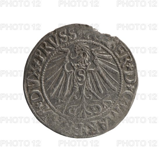 grosz; Schilling, Maciej, publisher; Decjusz, Jost Ludwik (fl. 1528-1535); R0 (rarity); eagles; Albrecht Hohenzollern (Prince of Prussia; 1490–1568) - iconography; Hohenzollern (coat of arms); male busts in armor. Obv.: Prussian eagle, on its chest a crowned letter S. On the rim between the pearl borders an inscription beginning with a trefoil (mirror-image N), ER*D*G*MAR*, N*DVX*PRVSS. Rev.: Male bust in armour in profile turned right; short hair, long pointed beard with sideburns, dividing the inner rim. In the rim, between the beaded borders, an inscription beginning with the Hohenzollern shield *IV, S*EX*FIDE, IT*I545*. Date: 1545, Königsberg, Ducal Prussia (1525–1701). Coin: diameter 23.1 mm, weight 1.82 g, axis 300°.