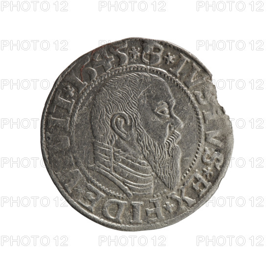 grosz; Schilling, Maciej, publisher; Decjusz, Jost Ludwik (fl. 1528–1535); R0 (rarity). Obverse: Prussian eagle, on its chest a crowned letter S; on rim between pearl borders an inscription beginning with a trefoil (mirror-image N), 'ER*D*G*MAR*, N*DVX*PRVSS'. Reverse: male bust in armour in profile turned right; short hair, long pointed beard with sideburns; in rim between beaded borders an inscription beginning with the Hohenzollern shield, ' *IV, S*EX*FIDE, IT*I545*'. Albrecht Hohenzollern (Prince of Prussia; 1490–1568) — iconography. 1545, Königsberg, Ducal Prussia (1525–1701). Coin: diameter 23.1 mm, weight 1.82 g, axis 300°.