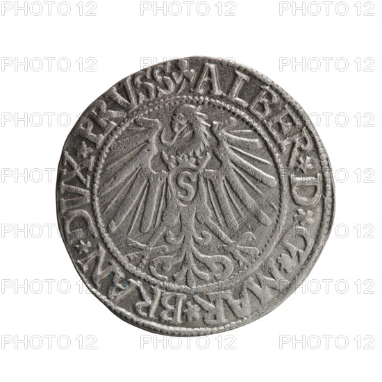 grosz; publisher: Schilling, Maciej; engraver: Decjusz, Jost Ludwik (fl. 1528–1535); rarity R0. Subject: Albrecht Hohenzollern (Prince of Prussia; 1490–1568). Iconography: male busts in armor, eagles, Hohenzollern coat of arms. Obverse: Prussian eagle, on its chest a crowned letter S; on the rim between pearl borders an inscription beginning with a trefoil: ALBER*D*G*MAR*BRAN*DVX*PRVSS. Reverse: male bust in armor in profile turned to the right; short hair, long pointed beard with sideburns; Hohenzollern shield between the pearly borders on the rim and an inscription beginning with *IVSTVS*EX*FIDE*VIVIT*I545*. Date: 1545, Königsberg, Ducal Prussia (1525–1701). Object: coin (grosz); diameter 23.7 mm; weight 1.96 g; axis 135°.