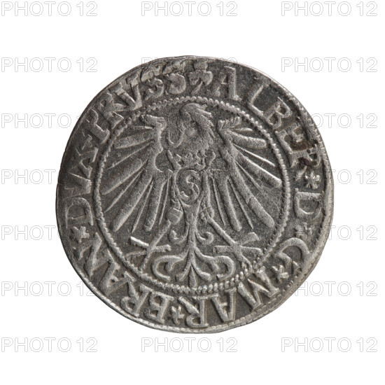 grosz, Decius, Jost Ludwik (fl. 1528-1535); Schilling, Maciej, publisher; R0 (rarity). Obverse: Prussian eagle, on its chest a crowned letter S; on the rim, between pearl borders, inscription beginning with a trefoil ALBER*D*G*MAR*BRAN*DVX*PRVSS. Reverse: male bust in armor in profile turned to the right; short hair, long pointed beard with sideburns; on the rim, between pearly borders, inscription beginning with the Hohenzollern shield *IVSTVS*EX*FIDE*VIVIT*I545*. Albrecht Hohenzollern (Prince of Prussia; 1490–1568) — iconography. 1545, Königsberg, Ducal Prussia (1525–1701). Coin: diameter 23.3 mm; weight 1.97 g; axis 300°.