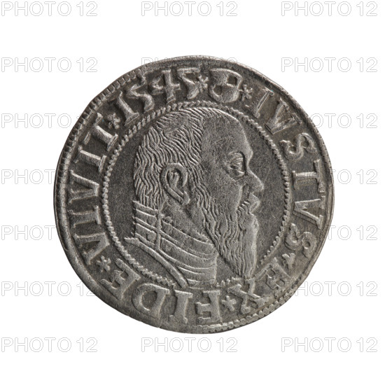 Obverse: Prussian eagle, on its chest a crowned letter S; on the rim, between pearl borders, an inscription beginning with a trefoil ALBER*D*G*MAR*BRAN*DVX*PRVSS. Reverse: Male bust in armor in profile turned to the right; short hair, long pointed beard with sideburns; on the rim, between pearly borders, an inscription beginning with the Hohenzollern shield *IVSTVS*EX*FIDE*VIVIT*I545*. Maker: Decius Grosz; publisher: Maciej Schilling. Subject: Albrecht Hohenzollern (Prince of Prussia; 1490–1568) — iconography. Date: 1545, Königsberg, Ducal Prussia (1525–1701). Type: coin. Rarity: R0. Eagles, Hohenzollern coat of arms, male busts in armor. Diameter: 23.3 mm; weight: 1.97 g; axis: 300°.