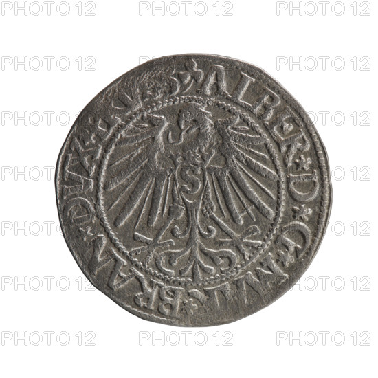 grosz; publisher: Maciej Schilling; engraver: Jost Ludwik Decjusz (fl. 1528–1535); rarity R0; subject/iconography: eagles, Hohenzollern (coat of arms), male busts in armor; obverse: Prussian eagle, on its chest a crowned letter S; rim between pearl borders an inscription beginning with a trefoil (mirror-image N) 'ALBER*D*G*M, *BRAN*DVX*PRVSS'; reverse: male bust in armor in profile right; short hair, long pointed beard with sideburns, dividing the inner rim; in the rim, between beaded borders, an inscription beginning with the Hohenzollern shield ' *IVSTVS*EX*FIDE*VI, *1545*'; date 1545; place: Königsberg, Ducal Prussia (1525–1701); object: coin (grosz); diameter 23.4 mm; weight 2.11 g; axis 135°.