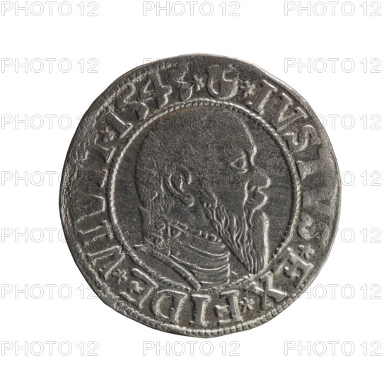 Grosz; publisher: Maciej Schilling; engraver: Jost Ludwik Decjusz (fl. 1528–1535). Rarity R0. Obverse: Prussian eagle, on its chest a crowned letter S; on the rim between pearl borders an inscription beginning with a trefoil (mirror-image letter N) 'ALBER*D*G*M, *BRAN*DVX*PRVSS'. Reverse: male bust in armour in profile turned right; short hair, long pointed beard with sideburns; dividing the inner rim. In the rim, between beaded borders, an inscription beginning with the Hohenzollern shield 'IVSTVS*EX*FIDE*VI', dated 1545. Iconography: Albrecht Hohenzollern (Prince of Prussia; 1490–1568) — Hohenzollern coat of arms. Mint: Königsberg, Ducal Prussia (1525–1701). Coin; diameter 23.4 mm; weight 2.11 g; axis 135°.