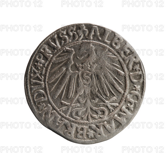 grosz; Schilling, Maciej, publisher; Decjusz, Jost Ludwik (fl. 1528–1535); R0 (rarity). Albrecht Hohenzollern (Prince of Prussia; 1490–1568) — iconography: eagles, Hohenzollern coat of arms, male busts in armour. Obverse: Prussian eagle, on its chest a crowned letter S; on the rim between pearl borders an inscription beginning with a trefoil ALBER*D*G*MAR*BRAN*DVX*PRVSS. Reverse: male bust in armour in profile turned to the right; short hair, long pointed beard with sideburns, dividing the inner rim; in the rim between pearly borders an inscription beginning with the Hohenzollern shield *IVSTVS*EX*FIDE*VIVIT*I545*. Date: 1545, Königsberg, Ducal Prussia (1525–1701). Coin: diameter 23.3 mm, weight 1.88 g, axis 340°.