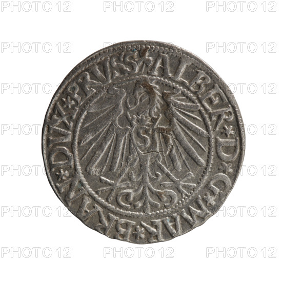 grosz; publisher: Schilling, Maciej; engraver: Decjusz, Jost Ludwik (fl. 1528–1535). 1545. Ducal Prussia (1525–1701), Königsberg. Coin (grosz), diameter 23.1 mm, weight 1.92 g, axis 45°. Obverse: Prussian eagle; on its chest a crowned letter S. On the rim, between pearl borders, inscription beginning with a trefoil: ALBER*D*G*MAR*BRAN*DVX*PRVSS. Reverse: male bust in armour in profile facing right; short hair, long pointed beard with sideburns. In the rim, between pearly borders, Hohenzollern shield and inscription beginning with *IVSTVS*EX*FIDE*VIVIT*I545*. Iconography: Albrecht Hohenzollern (Prince of Prussia; 1490–1568); Hohenzollern coat of arms; male busts in armour; eagles.